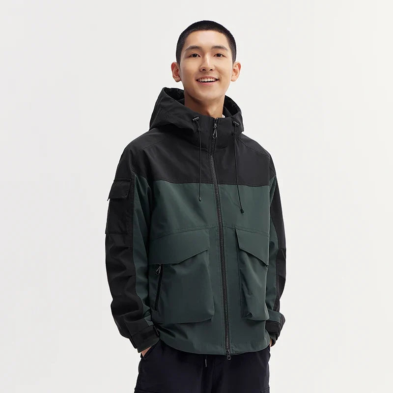 Three-proof Jacket Men Autumn Outdoor Color Block Hooded Windbreaker Large Pocket Workwear Trendy Coat