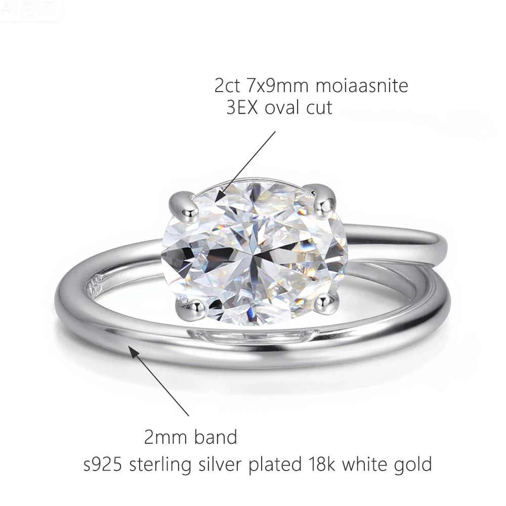 2ct Oval Cut Moissanite Rings for Women GRA Certified S925 Sterling Sliver Plated 18k White Gold Stackable Dainty Ring