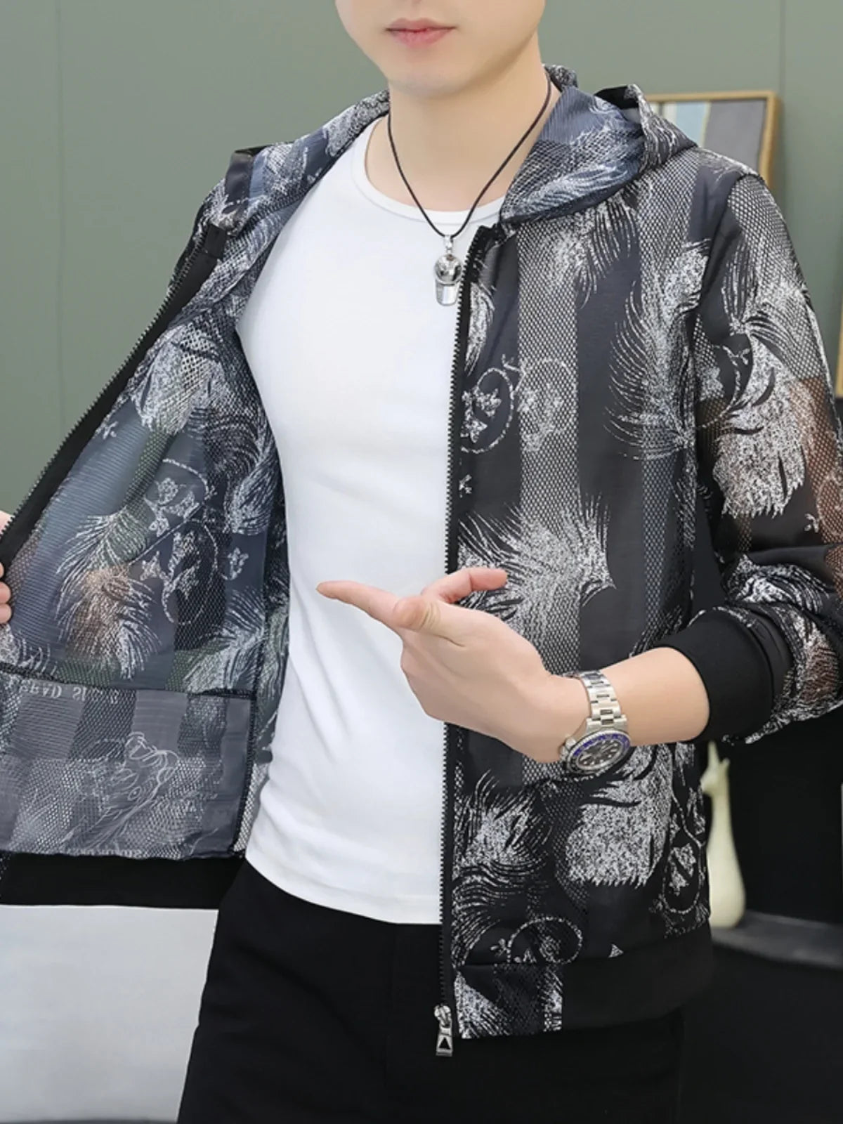 Men's Summer Mesh Sun Protection Clothing Trendy Stripe Print Ice Silk Cool Feeling Breathable Quick Dry Hooded Jacket