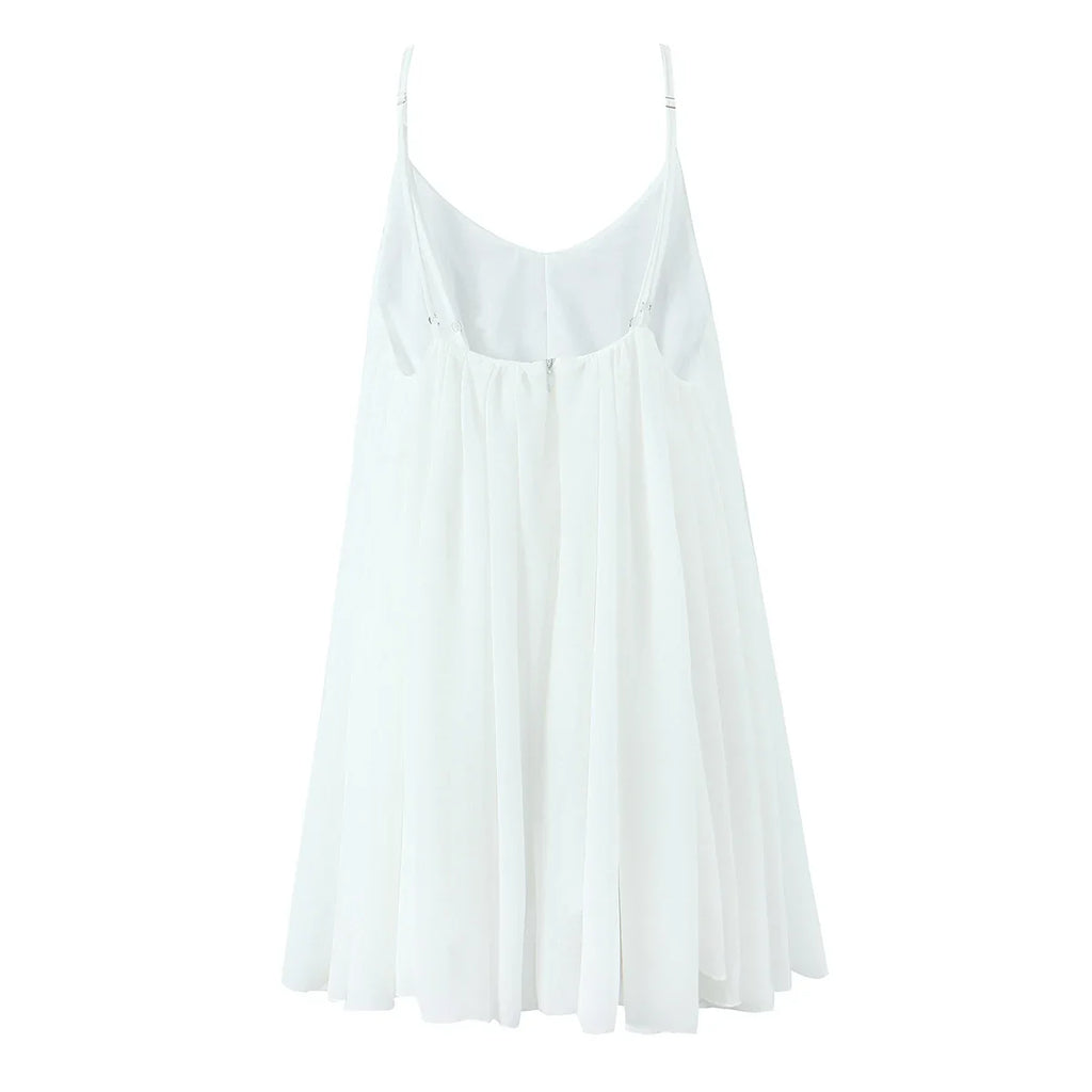 2025 Women White Big Backless Sling Dress O Neck Back Zipper Loose Swing Mini Short Dresses Holiday Robe