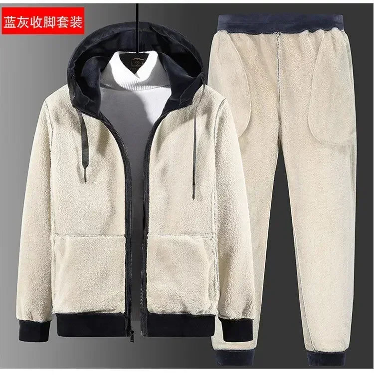 Men Sports Suits Tracksuit Sets Hoodies Casual Hooded Warm Sweatshirts+Pants Thicker Fleece New Jacket+Pants 2 Pieces Velvet Set