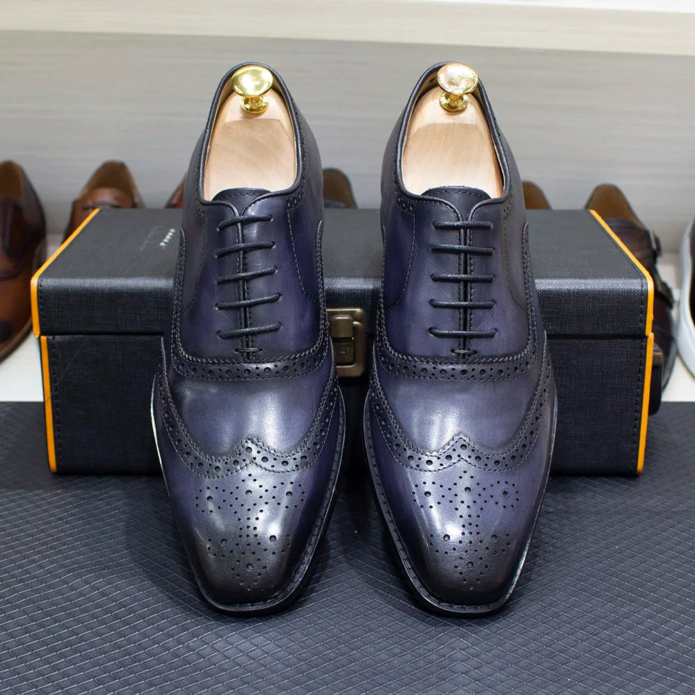 Size 7-12 Handmade Men's Wingtip Oxford Shoes Genuine Calfskin Leather Brogue Dress Shoes Classic Business Formal Shoes for Men