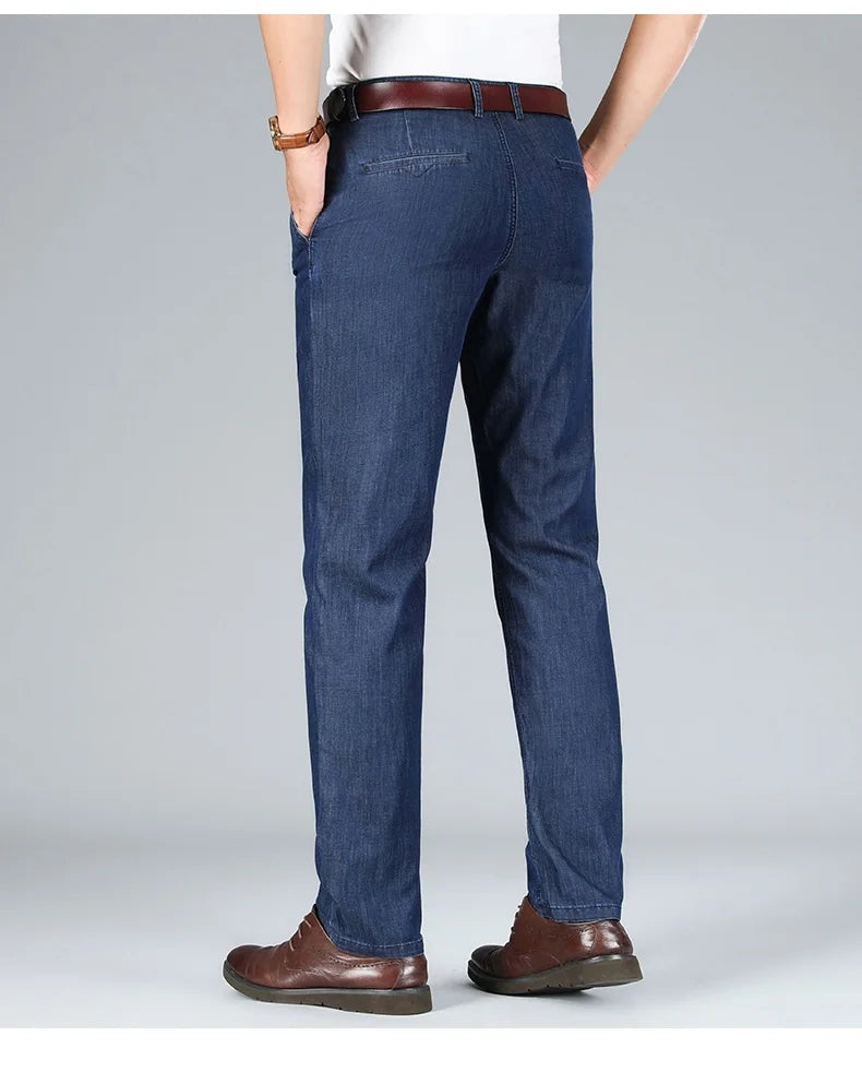 2026 Brand High Lyocell  Men's Fit Straight Lightweight Cotton Stretch Denim Business Casual High Waist Thin Light Grey Jeans