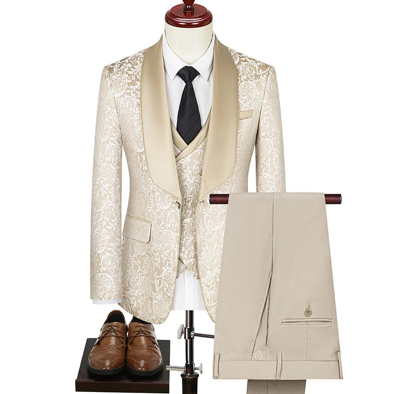 2025 New Large-Sized Jacquard Men's Suit for Wedding Dress, Groom's Suit Set, Host's Performance Costume