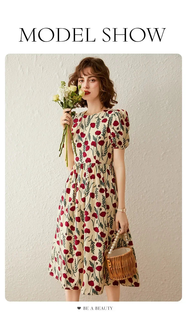 French Floral Print Dress Women 2026 Summer Round Neck Puff Sleeve Fitted Long Dress Casual Streetwear Outfits