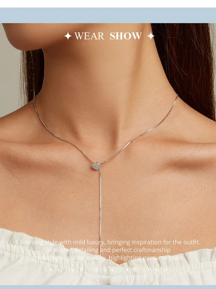 925 Sterling Silver Brilliant Heart Necklace for Women Minimalist Long Box Chain Choker Fine Jewelry Party Gift BSN260