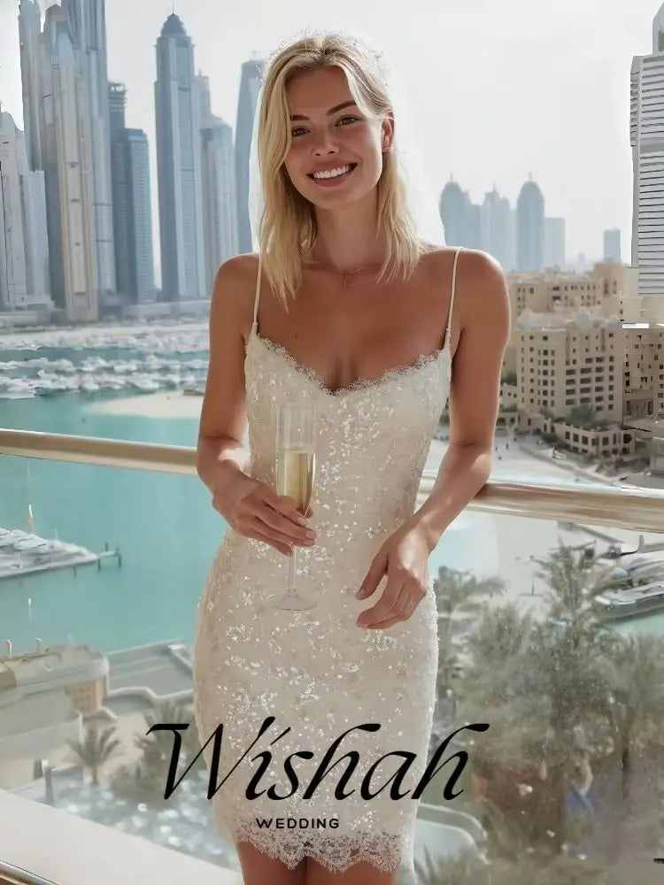 Elegant Sexy Deep V-Neck Lace Sequins Backless Spaghetti Strap Sheath Dress Customized Bridal Gown for Wedding Party 2027
