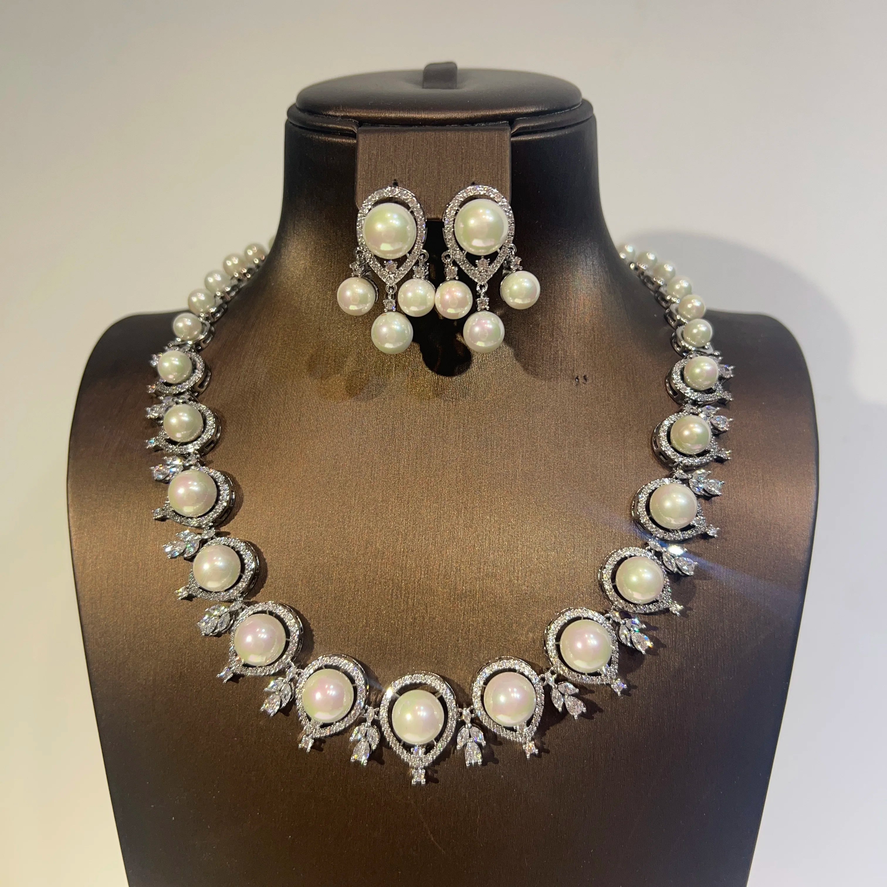 Luxury Round Shape Gold Color Pearl Necklace 2 Pieces Set , Bridal Wedding Dubai Saudi Jewelry for Women's Party
