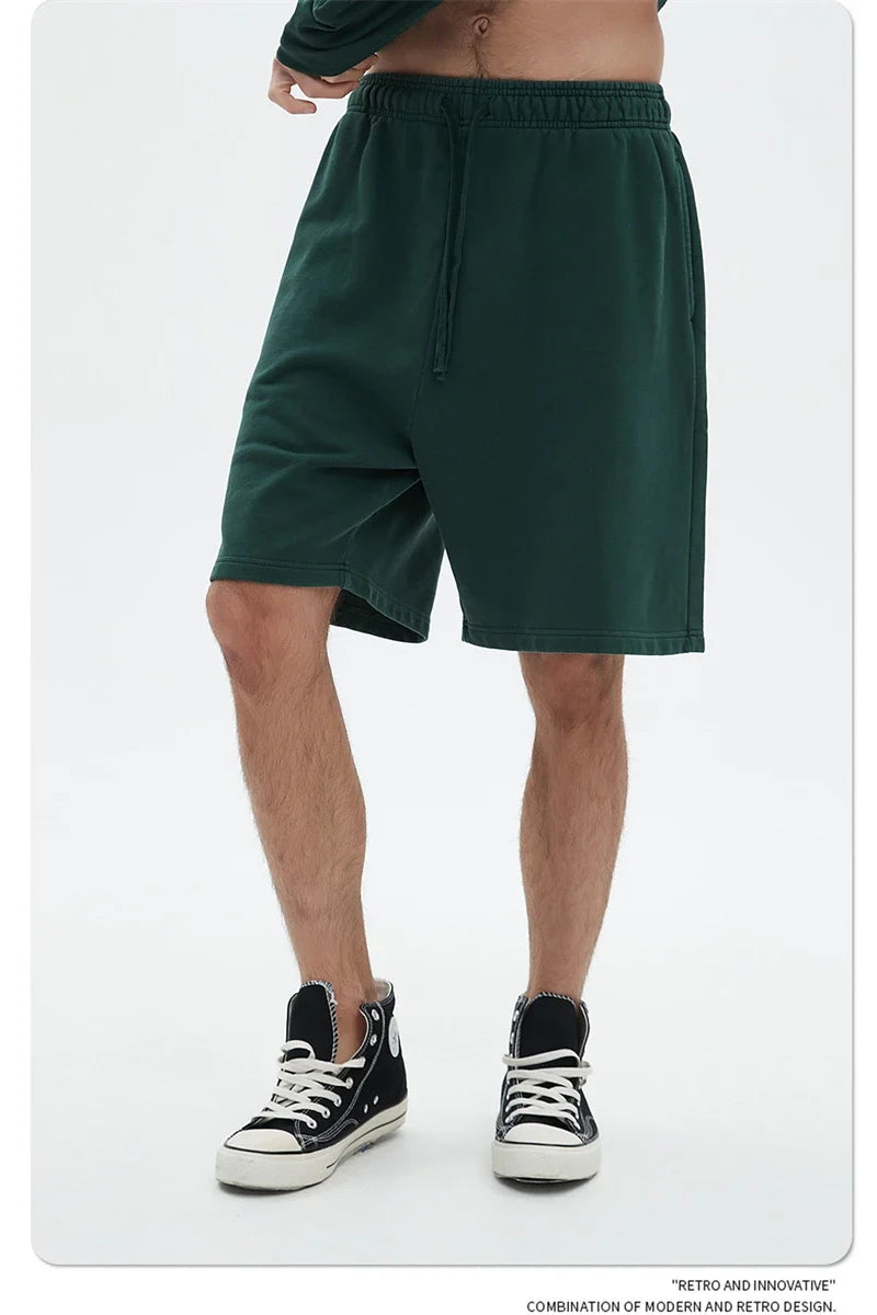 Fashion Summer Men 420gsm Washed Cotton Shorts Retro Unisex High Street Terry Knee Length Short Pants Streetwears HY0845