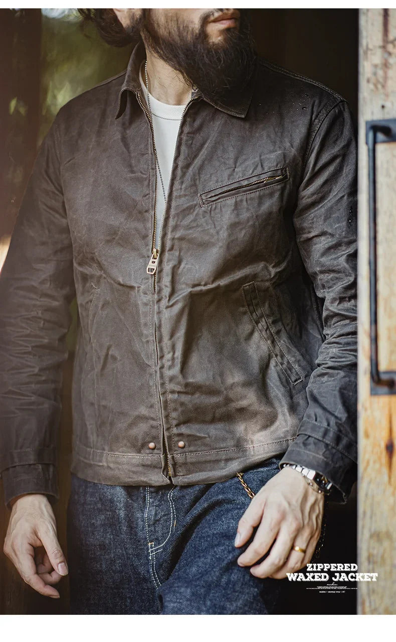 Men's Vintage IV Oil Waxed Canvas Jacket Lapel Zipper Short Outerwear Classic Slim Fit for Men's Spring and Fall Jacket