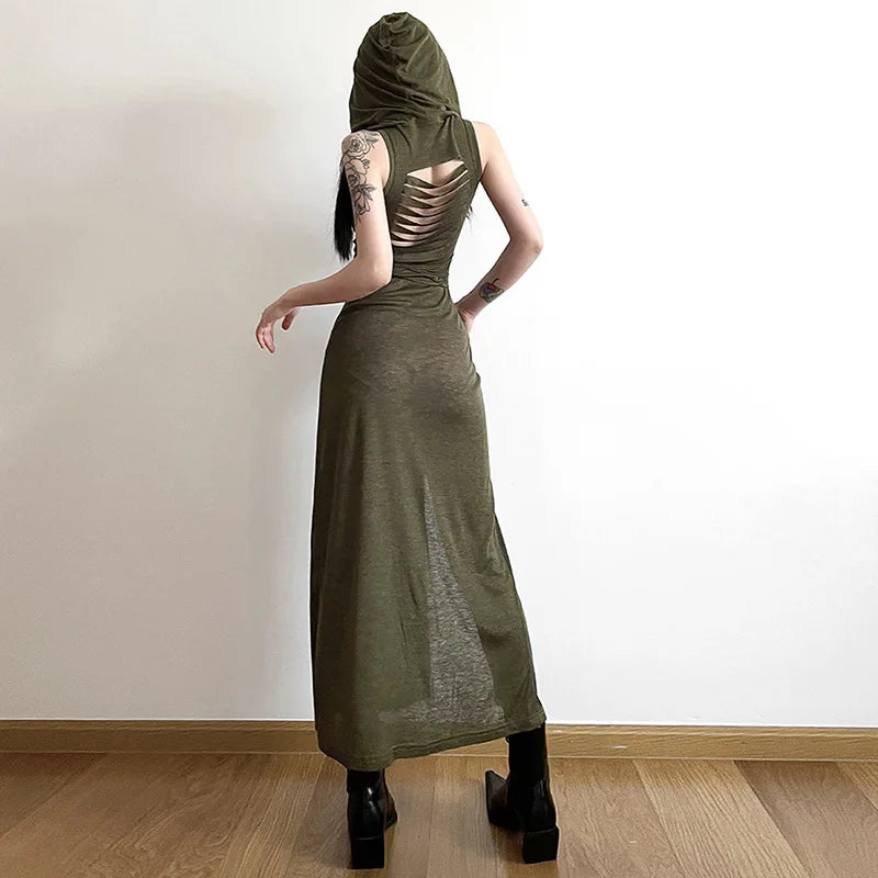 Summer 2023 Sexy European And American Style Sleeveless Hooded Dress Long Split Hollow out Pure Color Women's Gown