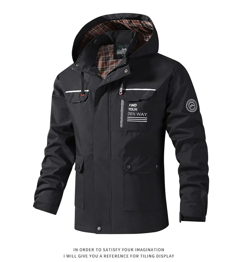 Hooded Waterproof Jacket Men Outdoor Softshell Zip Up Outwear Windbreaker Hiking Camping Coats Lightweight Spring Autumn Coats
