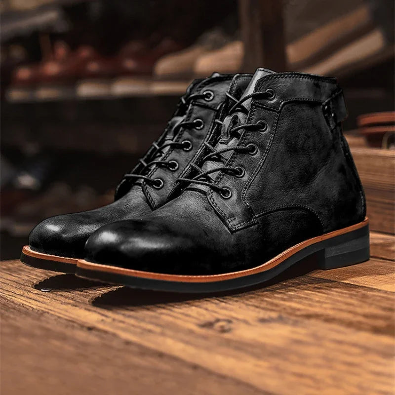 Men Comfortable Platform Motorcycle Booties New Casual High-top Shoes Retro Men Boots Solid Color Lace Up Ankle Boots Men