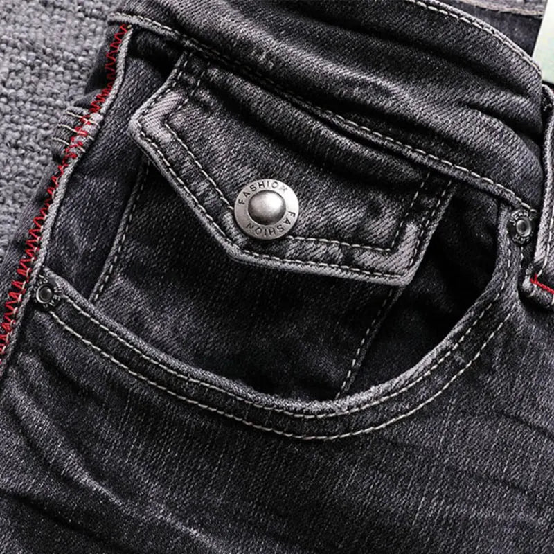 Men Jeans Retro Black Gray Elastic Slim Ripped Jeans