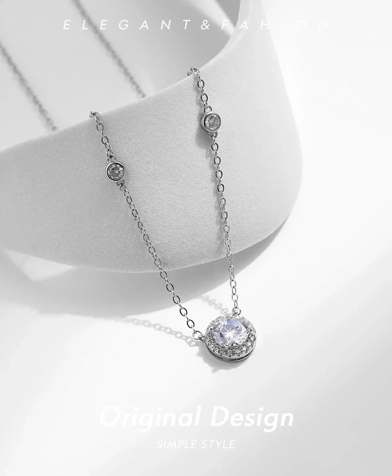 925 Sterling Silver Luxury Round Clear AAAAA Zircon Pendant Necklace For Women Wedding Engagement Bridal Fine Jewelry