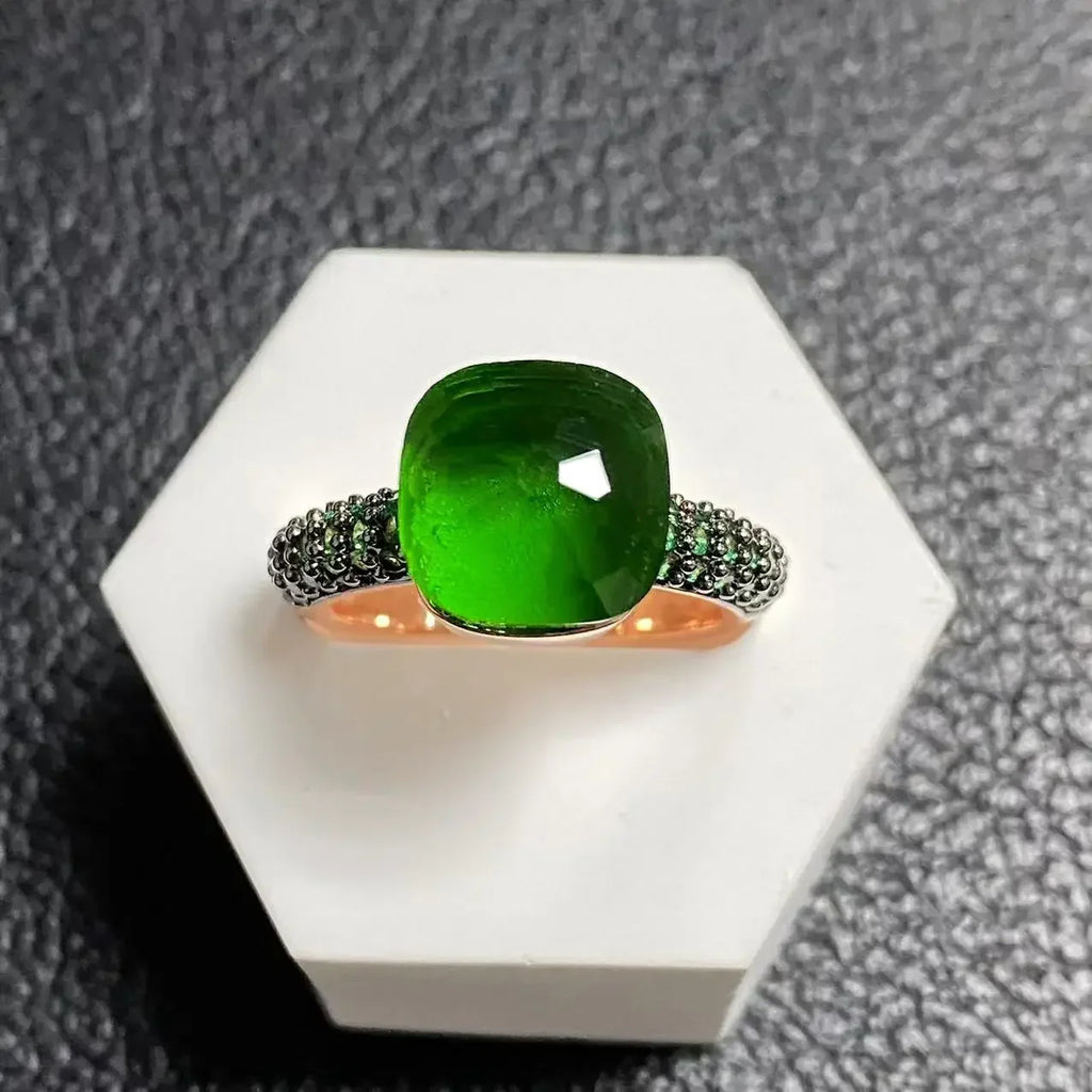 Emerald Ring for Women Green Zircon Inlay Rose Gold & Black Gun Plated 30 Colors Candy Crystal Style Jewelry Birthday Gift