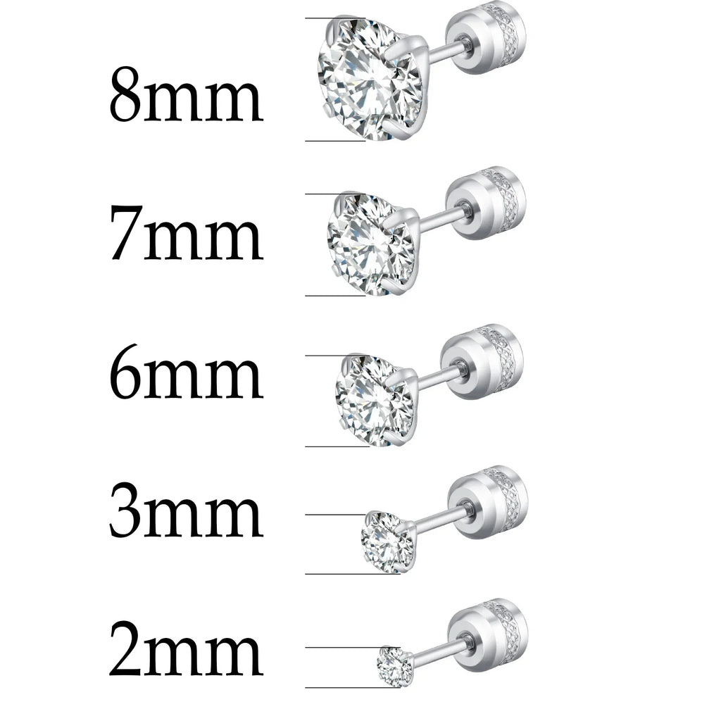XUBCHC Stainless Steel Round Cubic Zirconia Ear Piercing For Women Men CZ Shiny Silver Color Stud Earrings Black Body Jewelry