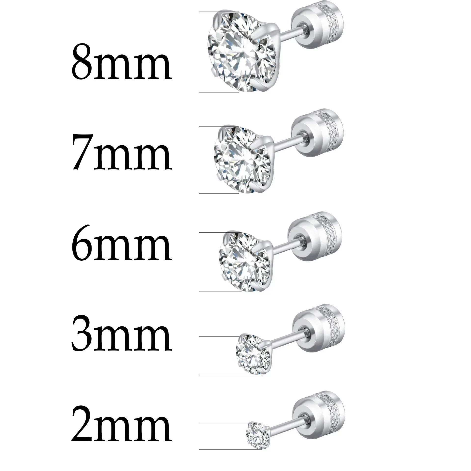 XUBCHC Stainless Steel Round Cubic Zirconia Ear Piercing For Women Men CZ Shiny Silver Color Stud Earrings Black Body Jewelry