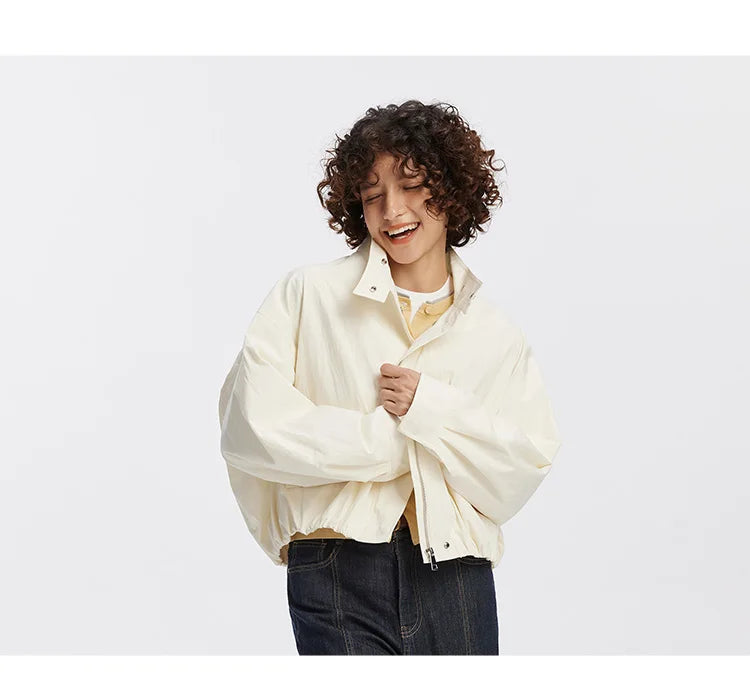 Women Jacket Solid Stand Collar Bubble Hem Oversize Dropped Shoulder Casual Style Autumn Outerwear Daily Wear 2026