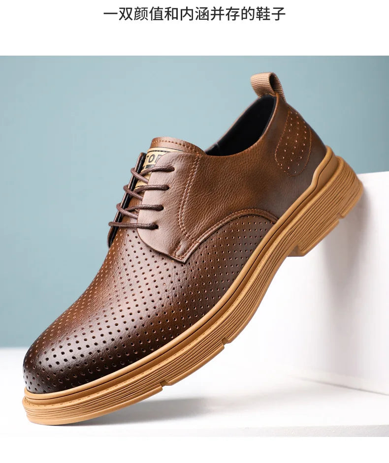 Summer Autumn New Low Top Cow Leather Shoes for Men Hallow Lace Designer Platform Shoes Male Fashion Business Casual Shoe Man