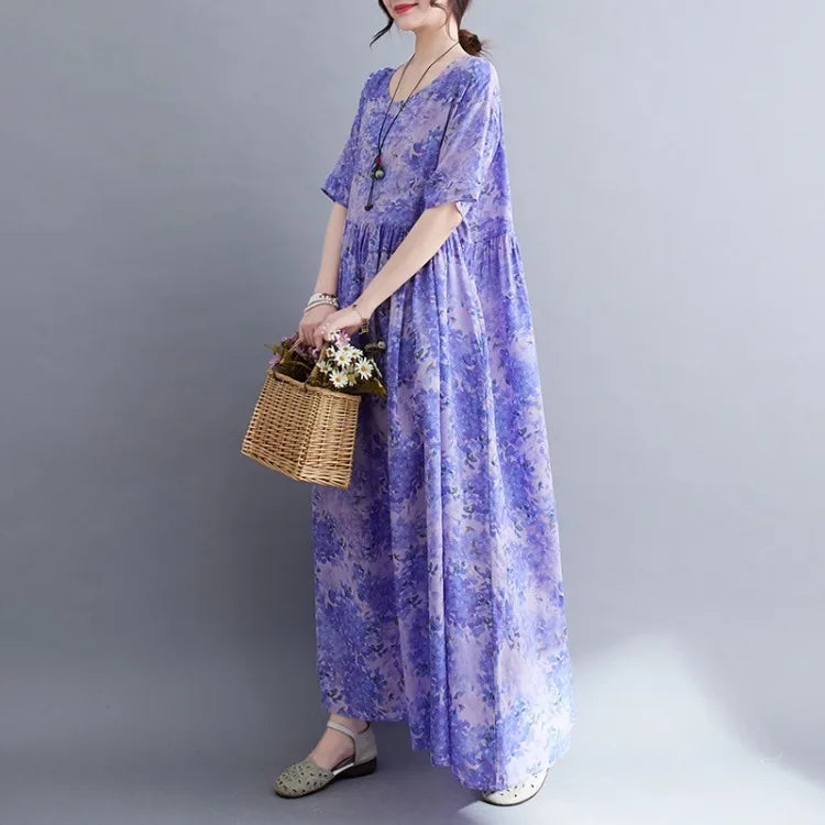Robe Plus Size 100KG Summer Dress Women Floral Loose Vestidos Para Mujer Casual Maxi Print Cotton Linen Oversized BOHO