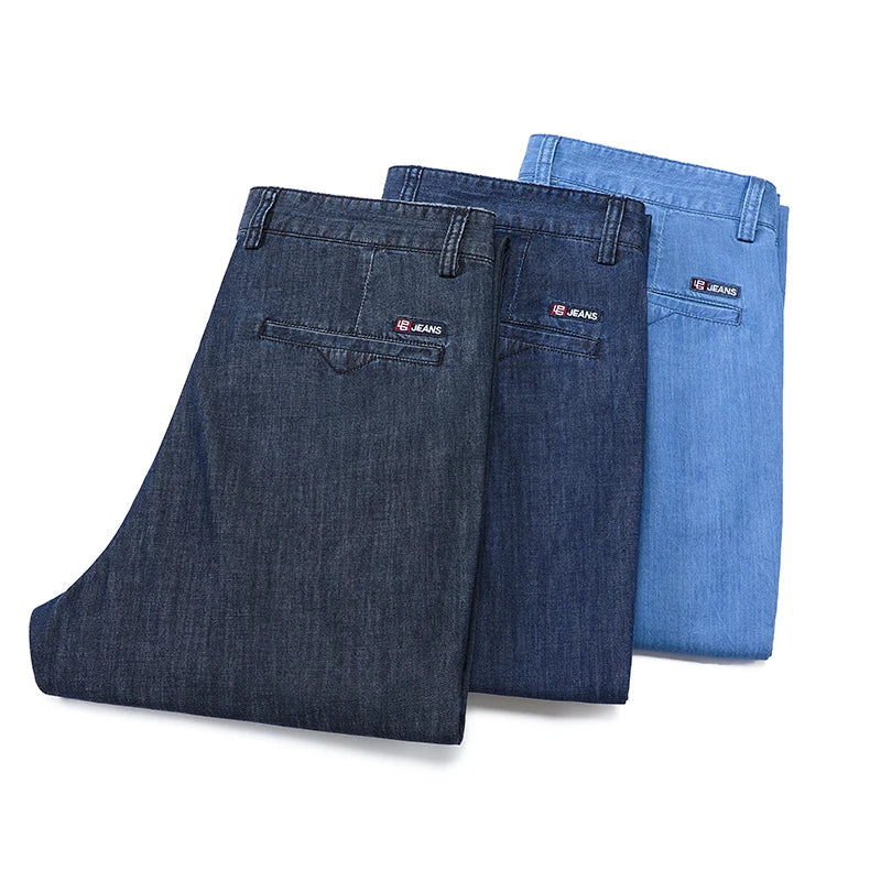 2026 Brand High Lyocell  Men's Fit Straight Lightweight Cotton Stretch Denim Business Casual High Waist Thin Light Grey Jeans