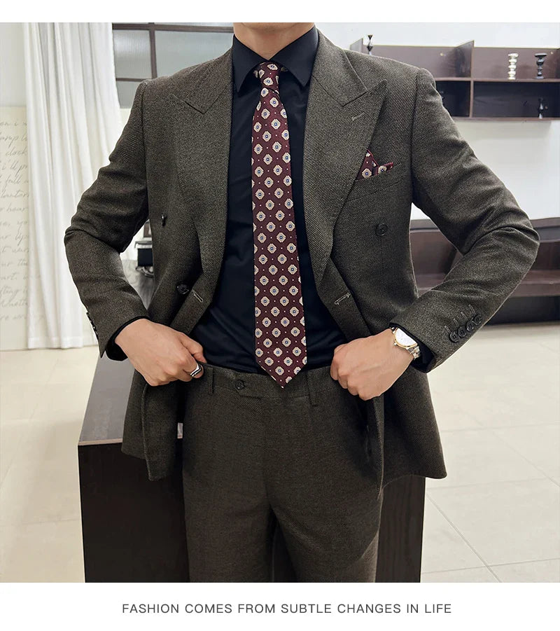 Men Vintage Luxury Double Breasted Slim Fit Lapel Evening Gown ltalian Style Fashion High-end Groom Wedding Party Tuxedo 2 Piece