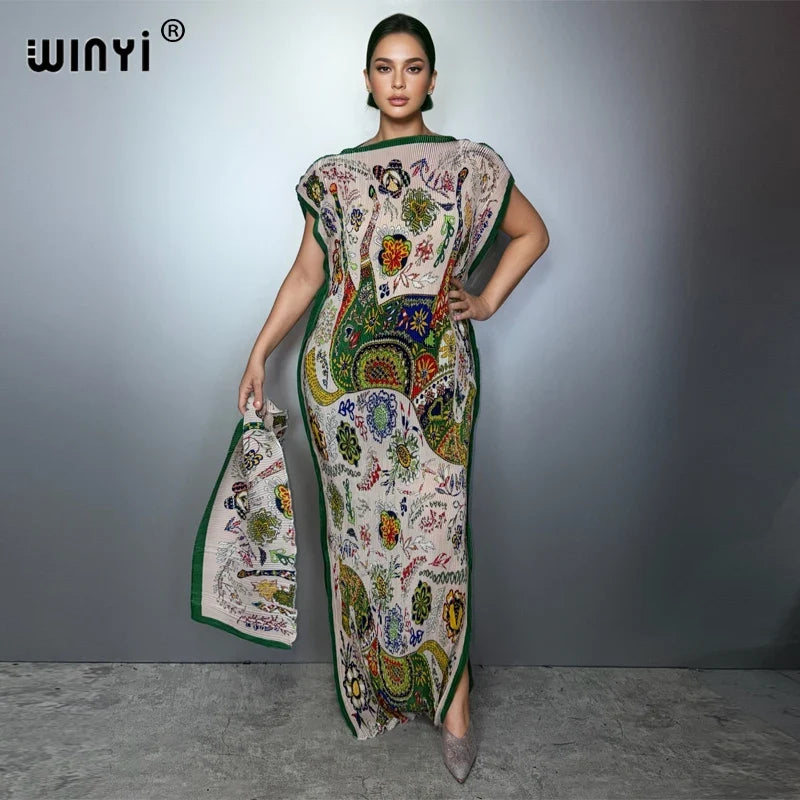 Pleated elastic slim dress Women crumple Design Pleated luxury abaya muslim party dress poncho for women beach wear kaftan
