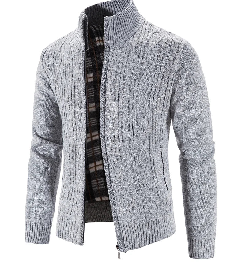 Winter Autumn New Sweater Knit Cable Cardigan Men Business Casual Jacket Zipper Up Solid Color Turn-down Coat Fleece Clothes