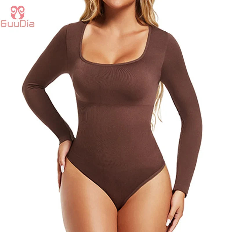 GUUDIA Open Crotch Big U Neck Seamless Bodysuit Long Sleeve Spandex Elastic Body Suit Shapewear Tummy Control Waist Shapers
