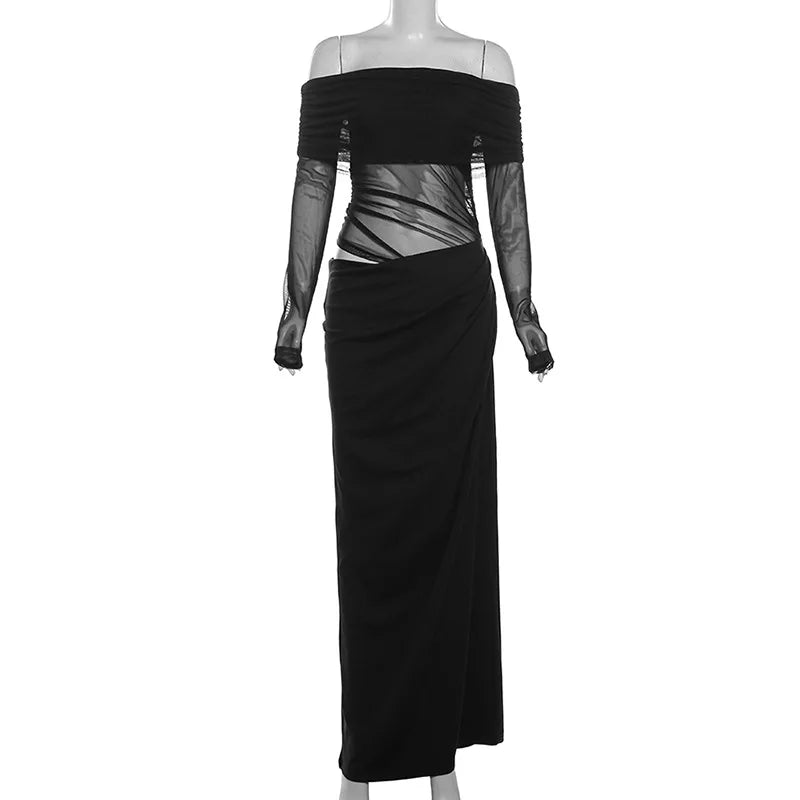 Sexy Dress Women 2025 Spring Patchwork Mesh Elegant Slash Neck Ruched Fit Chic Birthday Party Festival Vacation Vestidos