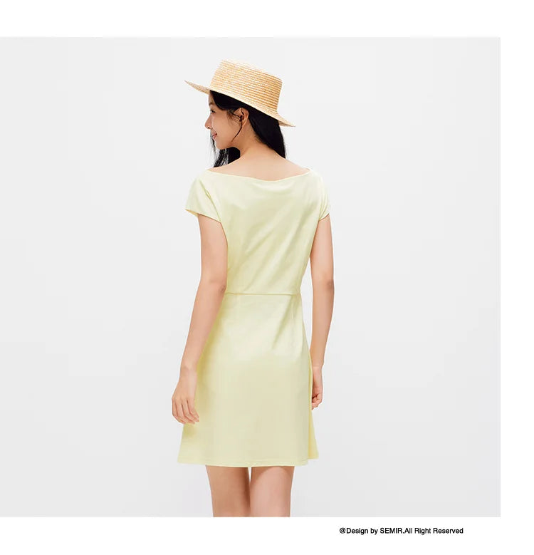 Women Dress One Shoulder Oblique Neck Waist Pleated Solid Cool Feeling Mini 2026 Summer Minimalist Temperament Fashion Top