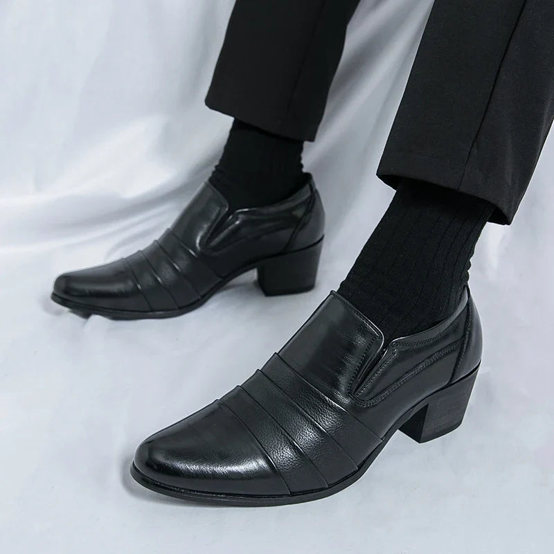 Leather Men's High Heel Dress Shoes British Style Elevator Business Oxford Footwear for Wedding Party Male Increasing Loafers