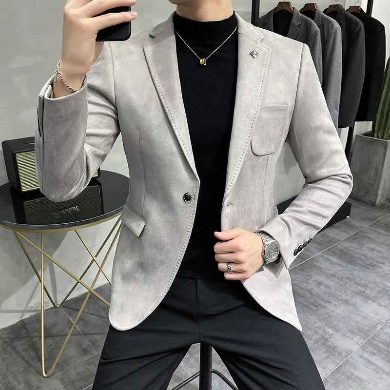 Men's Deerskin Fleece Suit Jacket 2025 Spring New High Quality Single Button Slim Fit Business Casual Suit Coat  Men Clothing