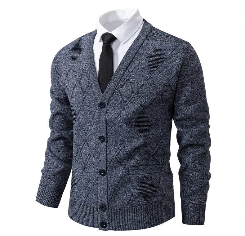 Men Plaid Cardigan V-neck Fleece Sweater Men's  Autumn Clothing Classic Cardigans Jacket Button Mens Knitting Outwear