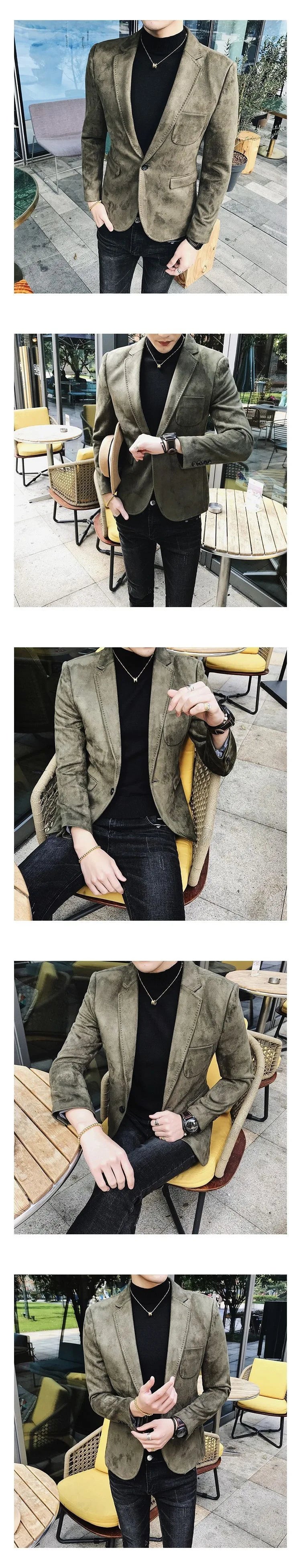 Spring Vintage Suede Suit Jacket Men Casual Business Slim Fit Blazer Deerskin Leather Jacket Men Wedding Street Wear Social Coat