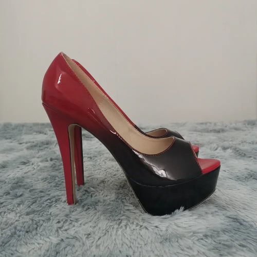 2026 New Women Pumps Sexy Platform Peep Toe 14cm Extremely High Heels Stiletto Patent Leather Party Nighclub Red Wedding Shoes