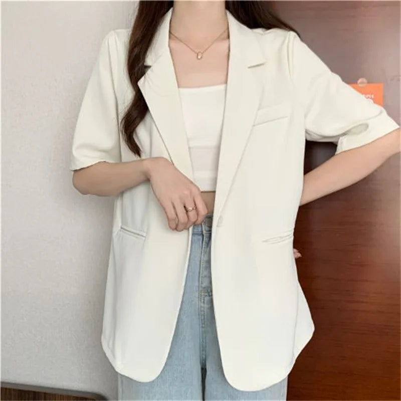 2026 Female Short Sleeved Suit Coat Women Summer Loose Fitting Solid Color Blazer Jacket Ladies Korean Leisure Tops Outerwear