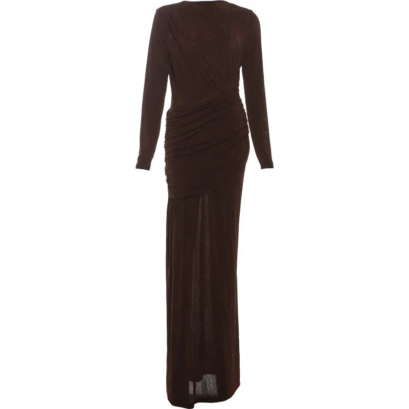 Nibber Folds Maxi Dress Women o-Neck Full Sleeve Solid Banquet Elegant Vacation Fashion Autumn Skinny Casual Simple Vestidos