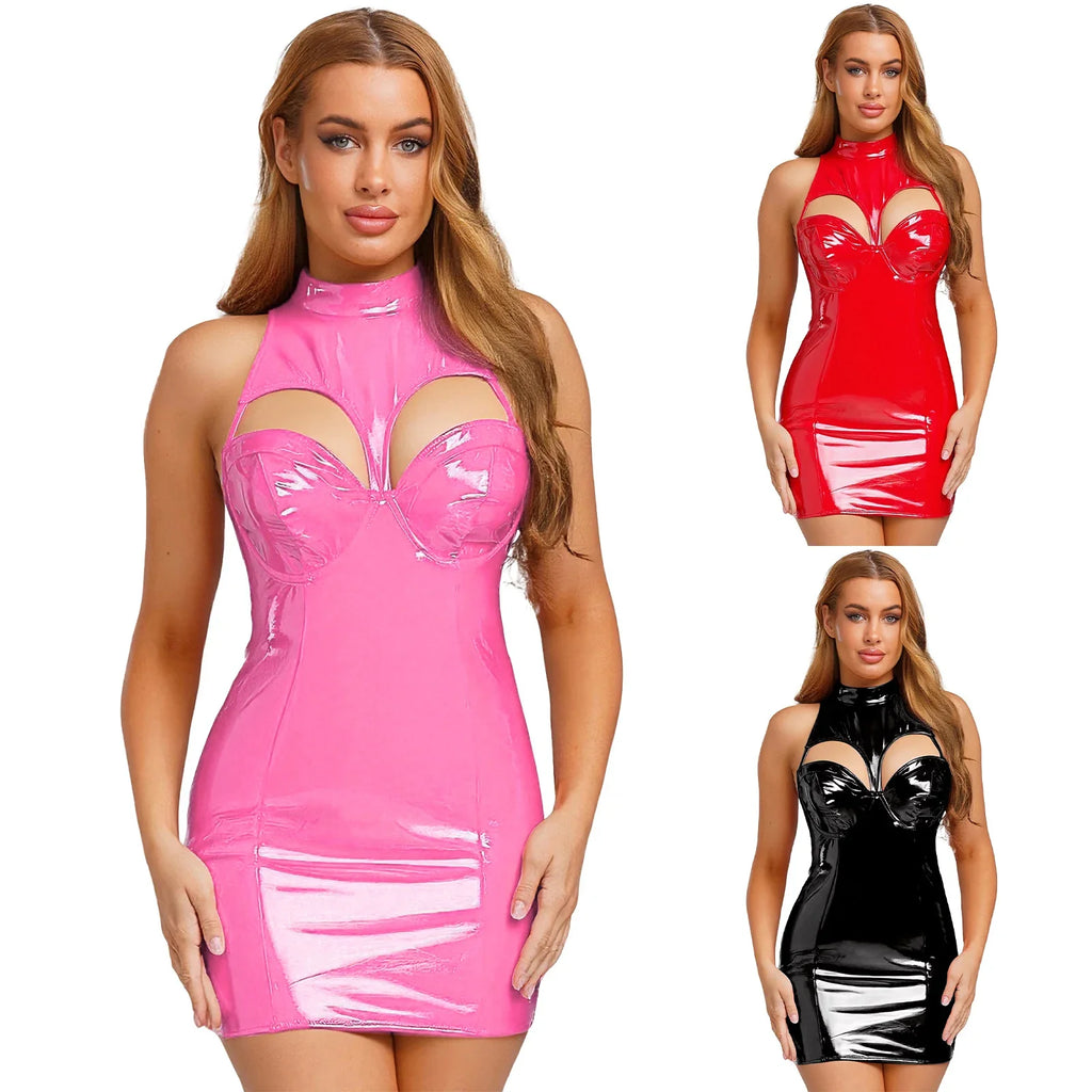 Womens Wet Look PU Leather Mini Dress Mock Neck Sleeveless Hollow-out Push-up Bra Bodycon Tube Dress Clubwear for Raves Party