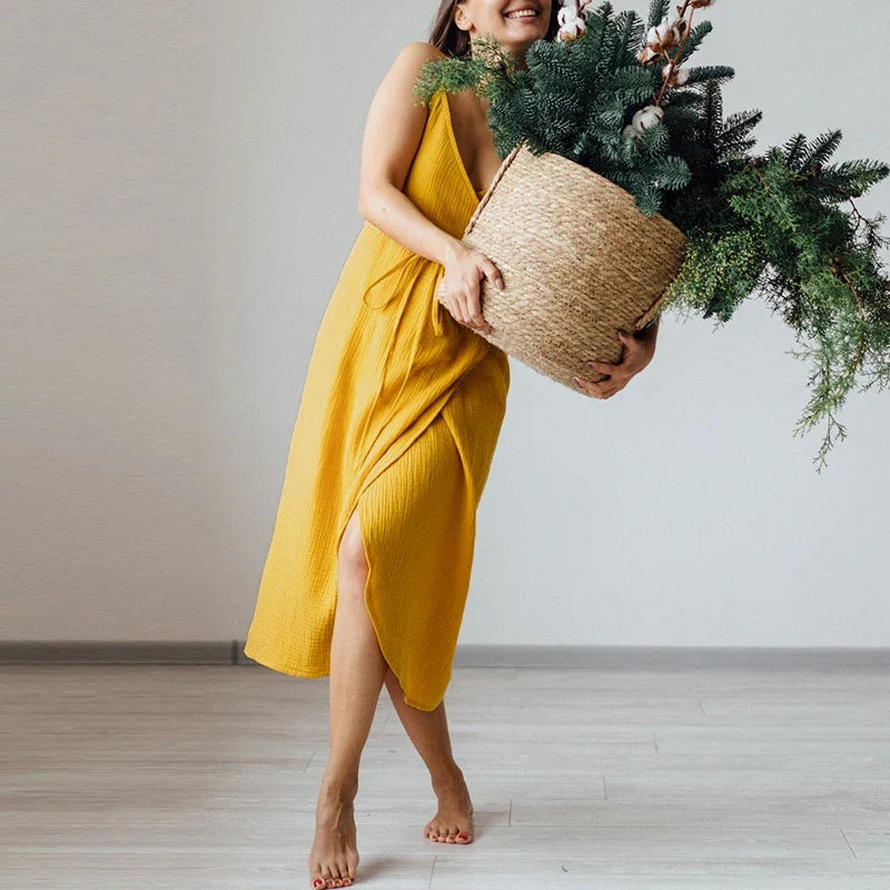 Vintage Women's Dress 100% Cotton Crepe Gauze V-Neck Sleeveless Bandage Long Maxi Elegant Dresses For Women
