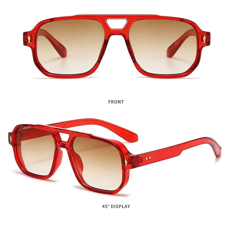 Vintage Double Bridges Men Square Sunglasses Fashion Clear Ocean Lens Eyewear Women Trending Rivets Sun Glasses UV400