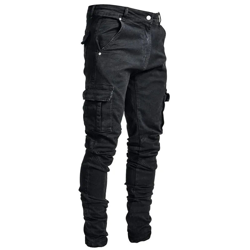 Jeans Men Black Cargo Pants Multi Pockets Blue Slim Fit Streetwear