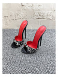 New 12cm fashionable high-heeled patent leather leopard print slippers with sexy open toed sandals, reversed size, 33-46