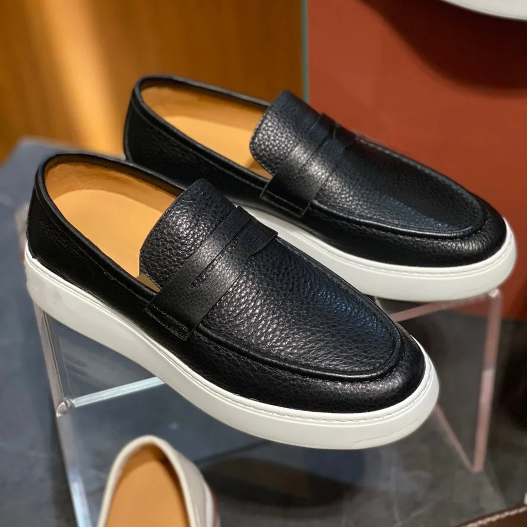 2026 New Men Genuine Grain Leather Penny Loafers Slip On Platform Non Slip Soft Sole Business Casual Driving Daily Walking Shoes
