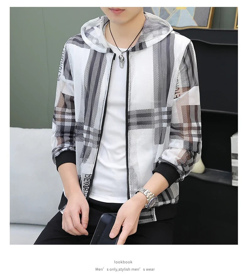 Men's Summer Mesh Sun Protection Clothing Trendy Stripe Print Ice Silk Cool Feeling Breathable Quick Dry Hooded Jacket