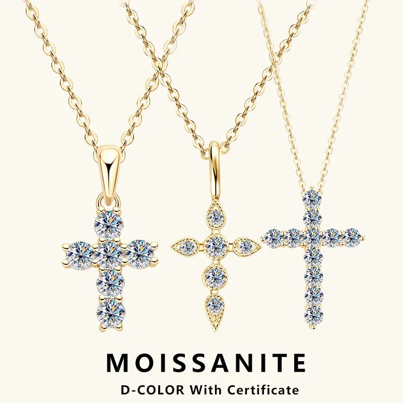 Certified Moissanite Cross Pendant Necklace Original S925 Sliver O-Chain Plated 14k Gold Necklaces for Women Fine Jewelry