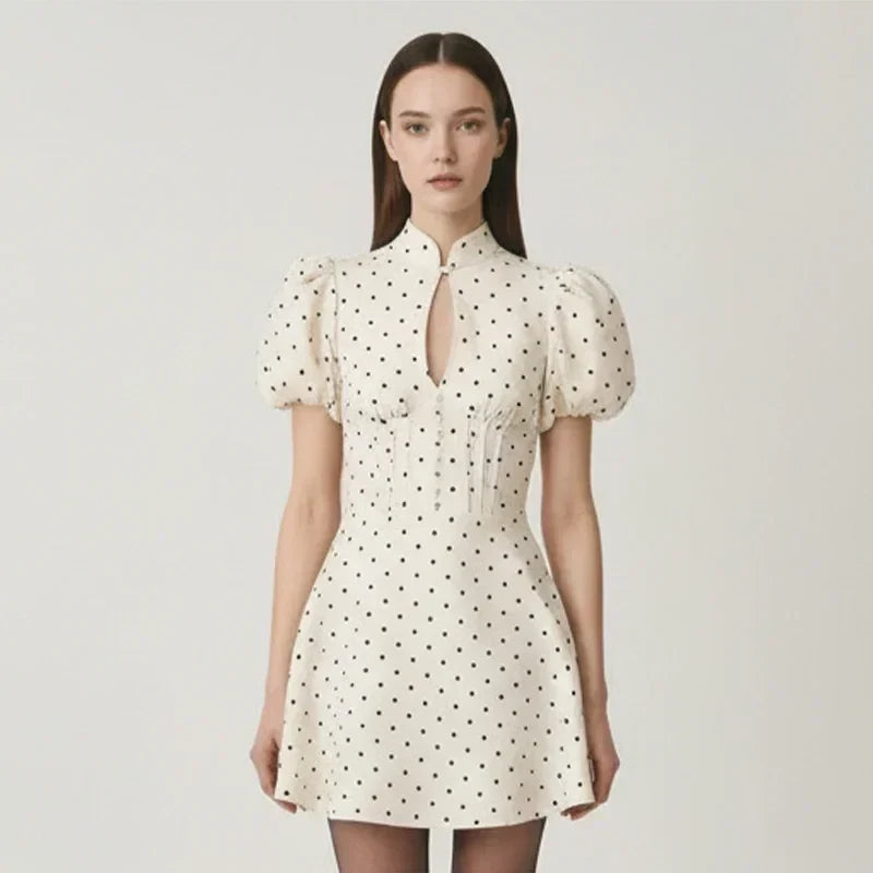 Retro Polka Dot Mini A-line Dress Elegant Stand Collar Puff Short Sleeve Waist-cinching Dresses 2026 New Lady Party Gowns