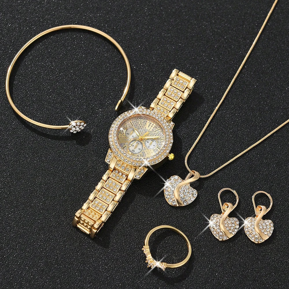 Ladies Watch 6pcs/Set Women's Fashion Heart Necklace Earings Bracelet Rings Jewelry Set Shaped Rhinestone Quartz Watch Set Watch