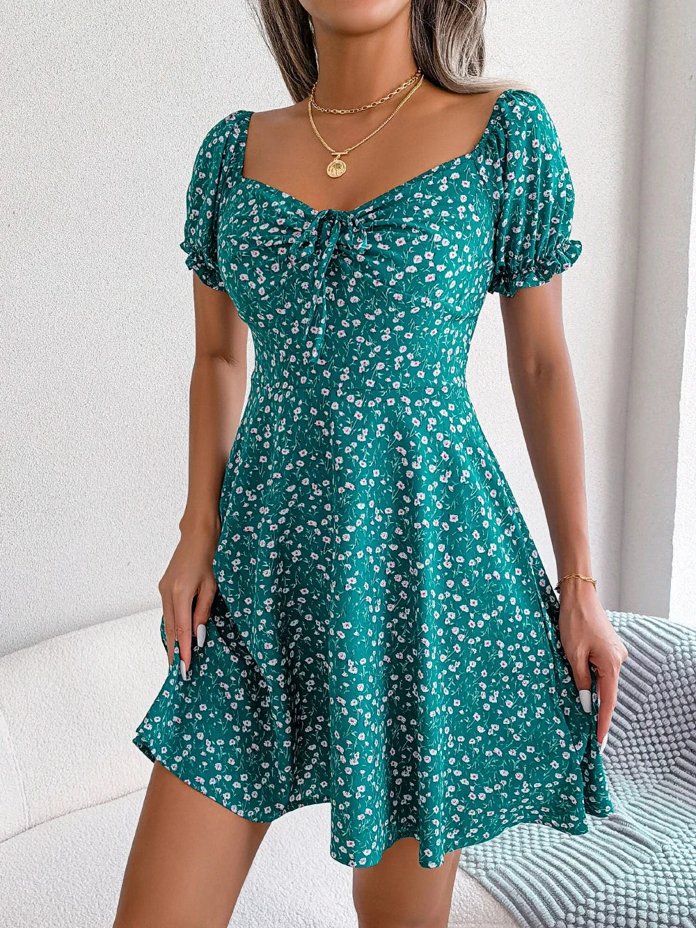 Women Casual Square Neck Flare Short Sleeve Floral Dress Elegant A Line Dress for Spring Summer 2026 Fashion Woman Clothing